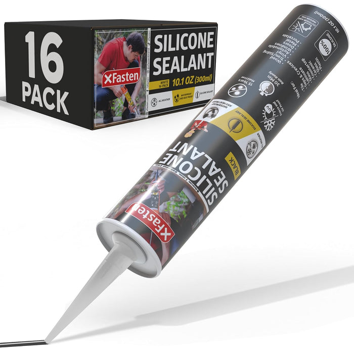 XFasten Black Silicone Caulk 10.1oz (16-Pack 161.6oz Total) Odorless 100% Silicone Black Caulking Waterproof for RV Sealant and Caulking RTV, Marine Aquarium and High Temp Silicone Outdoor Indoor Use