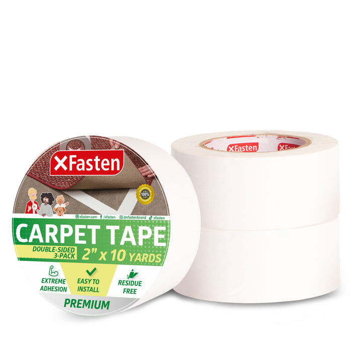 XFasten Double Sided Carpet Tape - 2” x 10yd (3-Pk) Bulk Double Sided Rug Tape for Carpet, Indoor Outdoor Carpet Tape for Area Rugs over Carpet, Strong Adhesion Carpet Binding Tape for Hardwood Floors