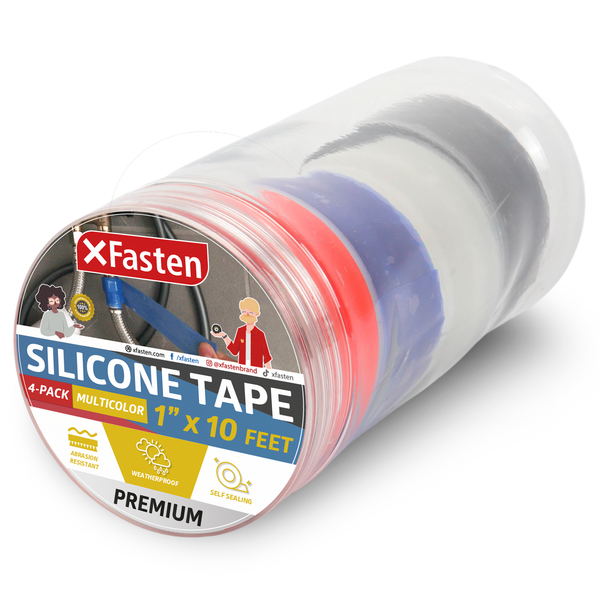 XFasten Multicolor Silicone Tape for Plumbing, 1” X 10-Feet Silicone Grip Tape Pack of 4, Plumbing Tape for Leaks Self Fusing Silicone Tape, Plumbing Tape for Hose, Stop Leak Tape, Emergency Tape