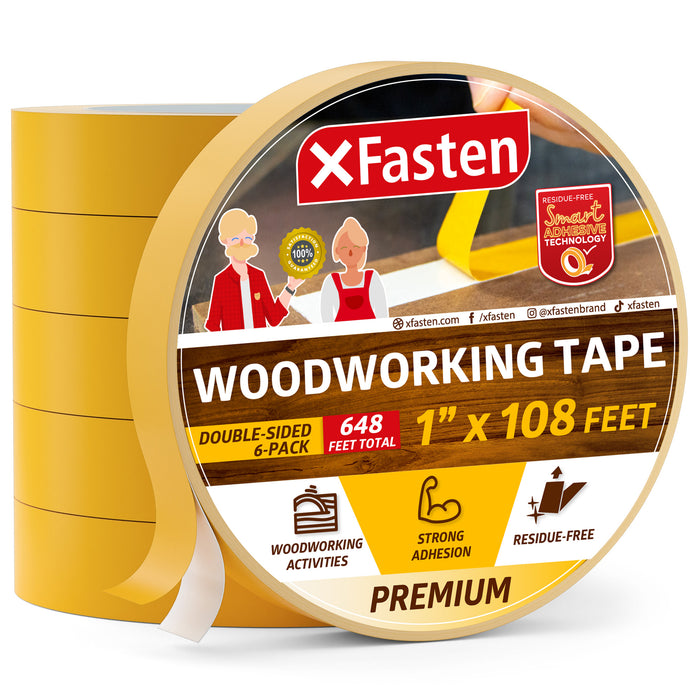 XFasten Double Sided Woodworking Tape | 1 Inch x 36 Yards | 6-Pack