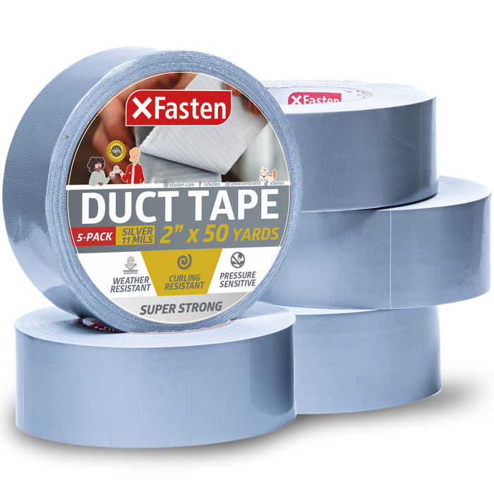 XFasten Silver Duct Tape Heavy Duty Waterproof 2 Inch x 50 Yards (5-Pack, 750ft Total) 11 mils Super Strong Grey Duct Tape Bulk for Outdoor Use, HVAC, Automobile, Indoor, Repair and Patching