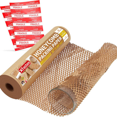 XFasten Honeycomb Packing Paper 12" x 66' Reusable Cushion Kraft Packing Paper for Moving, Alternative Bubble Packing Wrap for Breakable Dishes Packing Supplies for Moving with 20 Fragile Stickers