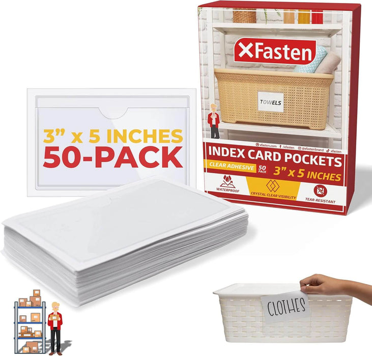 XFasten Index Card Pocket Holder | 3" x 5" 50-Pack | Clear