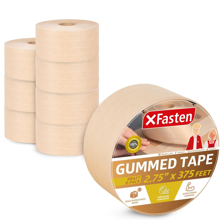 XFasten Gummed Paper Tape with Reinforced Fiberglass Backing, 2.75" X 375 Feet, Pack of 8 Water Activated Kraft Tape | Brown Paper Tape for Sealing, Heavy Duty Kraft Paper Tape for Packing Boxes