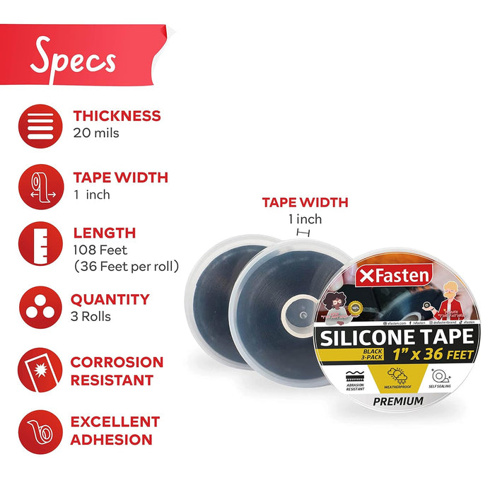 XFasten Self Fusing Silicone Tape 1" X 36-Foot 3 Pack | Black