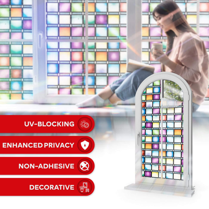 XFasten Stained Glass Window Film – 17.7 x 78.7 Inch | Rainbow Mosaic 3D Privacy Static Cling