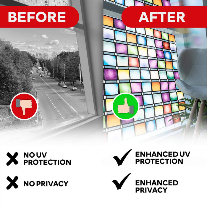 XFasten Stained Glass Window Film – 17.7 x 78.7 Inch | Rainbow Mosaic 3D Privacy Static Cling