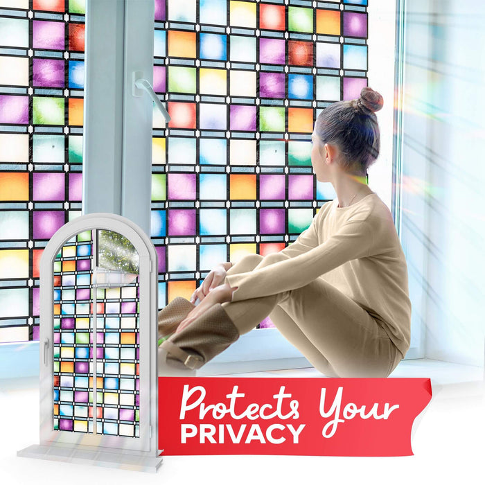 XFasten Stained Glass Window Film – 17.7 x 78.7 Inch | Rainbow Mosaic 3D Privacy Static Cling