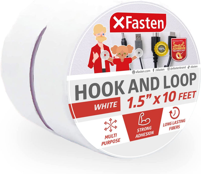 XFasten Adhesive Hook and Loop Tape | 1.5 Inch x 10 Foot | White