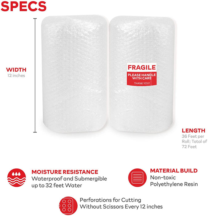 XFasten Bubble Cushioning Wrap Rolls w/ Fragile Sticker Labels | 12 Inches x 72 Feet | 2-Pack