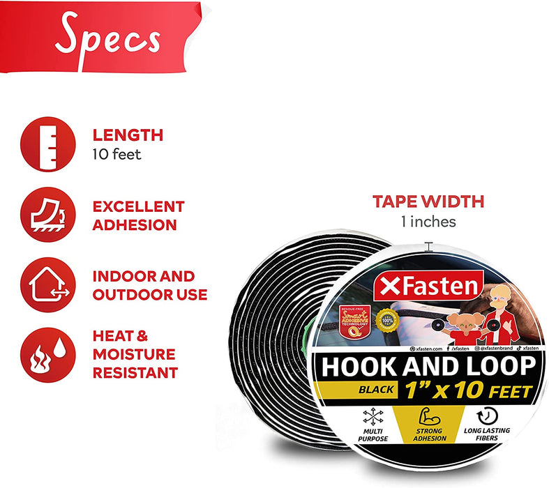 XFasten Adhesive Hook and Loop Tape | 1 Inch x 10 Foot | Black