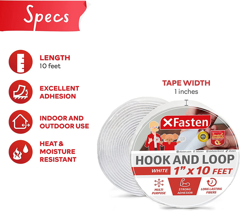 XFasten Adhesive Hook and Loop Tape | 1 Inch x 10 Foot | White